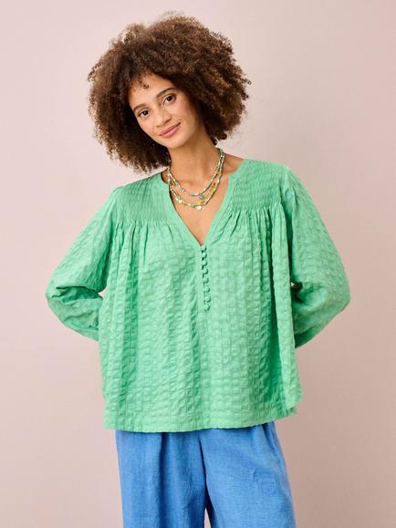 Brora Smocked Textured Check Blouse, Sage