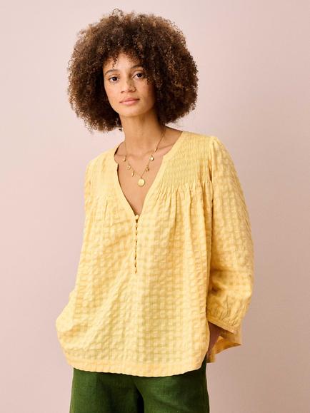 Brora Smocked Textured Check Blouse, Vanilla