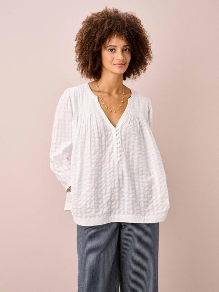 Brora Smocked Textured Check Blouse, White
