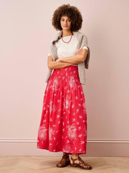Brora Floral Block Print Maxi Skirt, Poppy/White, Poppy/White