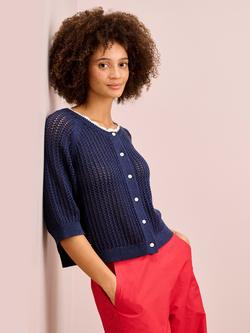 Brora Cotton Knit Crochet Cardigan, Navy