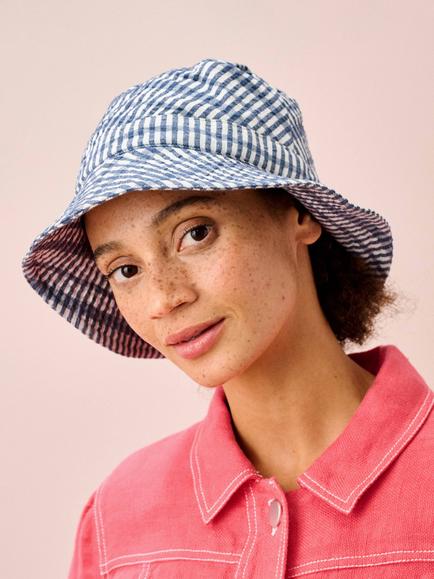 Brora Cotton Seersucker Gingham Bucket Hat, Ink - view 2, Ink