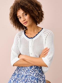 Brora Cotton Knit Crochet Cardigan, White