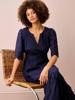 Brora Patchwork Broderie Anglaise Midi Dress, Indigo - view 2, Indigo
