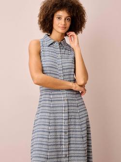 Brora Cotton Seersucker Gingham Shirt Dress, Ink, Ink
