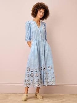 Brora Cotton Stripe Embroidered Dress, Periwinkle, Periwinkle