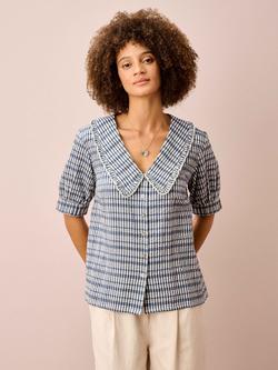 Brora Cotton Seersucker Gingham Blouse, Ink, Ink