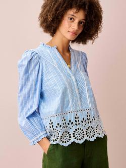 Brora Cotton Stripe Embroidered Blouse, Periwinkle, Periwinkle