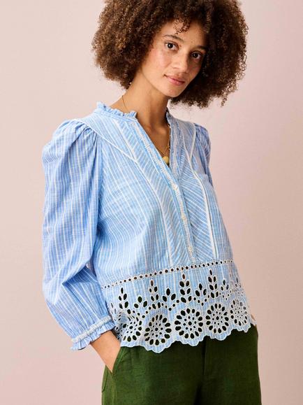 Brora Cotton Stripe Embroidered Blouse, Periwinkle, Periwinkle