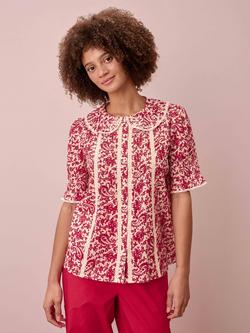 Brora Paisley Flower Pintuck Shirt, Cherry/Ecru, Cherry/Ecru