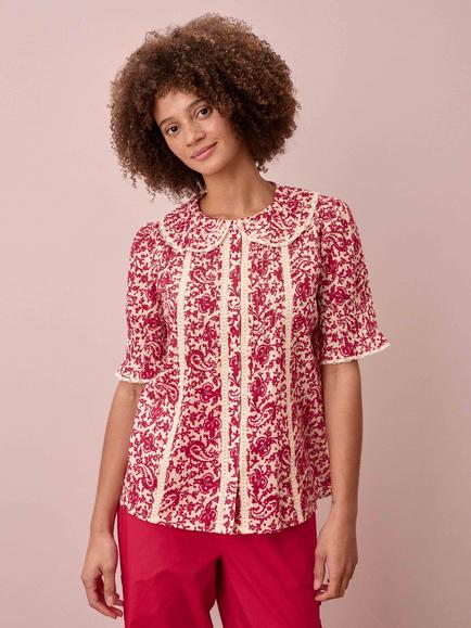 Brora Paisley Flower Pintuck Shirt, Cherry/Ecru, Cherry/Ecru