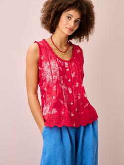 Brora Floral Pintuck Sleeveless Top, Poppy/White, Poppy/White