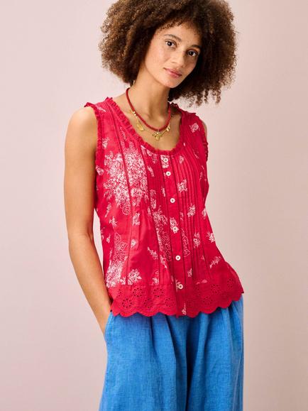 Brora Floral Pintuck Sleeveless Top, Poppy/White, Poppy/White