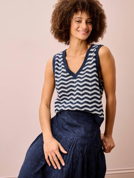 Brora Cotton Wave Knit Tank - view 2, Navy/White