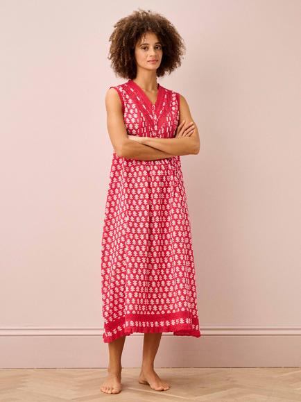 Brora Floral Block Print Pintuck Nightdress, Cherry/White, Cherry/White