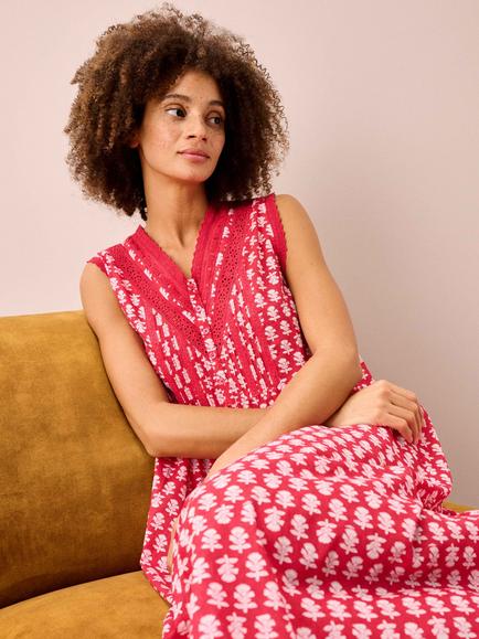 Brora Floral Block Print Pintuck Nightdress, Cherry/White - view 2, Cherry/White