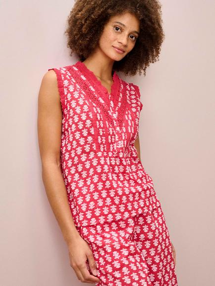 Brora Floral Block Print Sleeveless Pyjama Set, Cherry/White, Cherry/White