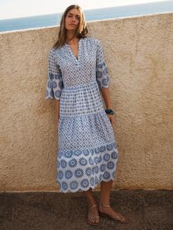 NRBY Rosa Pure Cotton Flute Sleeve Midi Dress, Blue, Blue