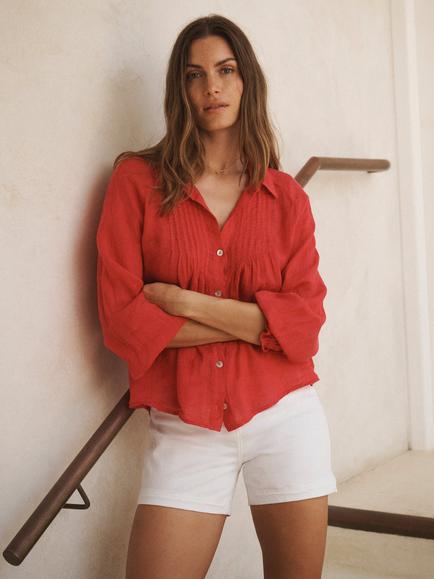 NRBY Lyla Pure Linen Long Sleeve Shirt, Red Rose