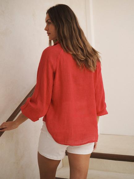 NRBY Lyla Pure Linen Long Sleeve Shirt - view 2, Red Rose