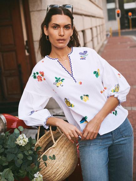 NRBY Nilli Embroidered Cotton Top, White/Multi, White/Multi
