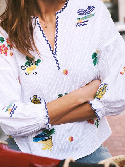 NRBY Nilli Embroidered Cotton Top, White/Multi - view 2, White/Multi