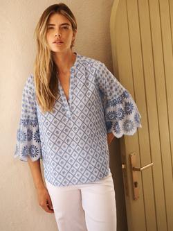 NRBY Paloma Embroidered Cotton Flute Sleeve Top, Blue, Blue