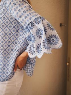 NRBY Paloma Embroidered Cotton Flute Sleeve Top, Blue - view 2, Blue