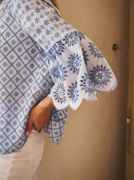 NRBY Paloma Embroidered Cotton Flute Sleeve Top, Blue - view 2, Blue