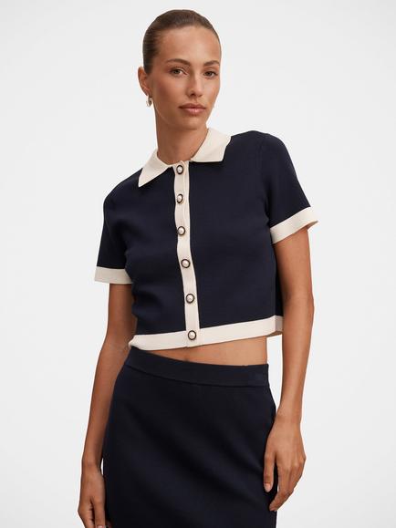 Forever New Farah Knitted Button Through T-Shirt, Blue Multi, Blue Multi