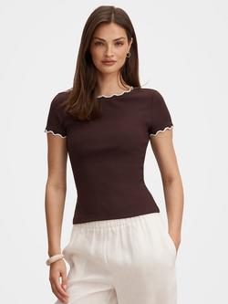 Forever New Rebecca Scallop Trim T-Shirt, Chocolate/ Porcelain, Chocolate/ Porcelain