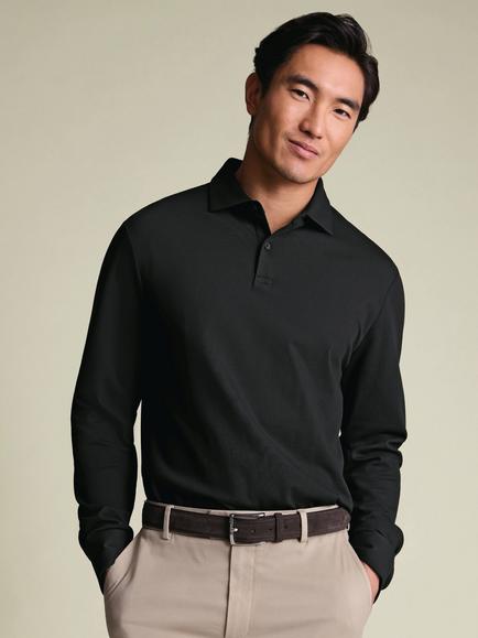 Charles Tyrwhitt Cotton Blend Long Sleeve Piqué Polo Shirt, Black