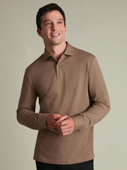 Charles Tyrwhitt Cotton Blend Long Sleeve Piqué Polo Shirt, Camel