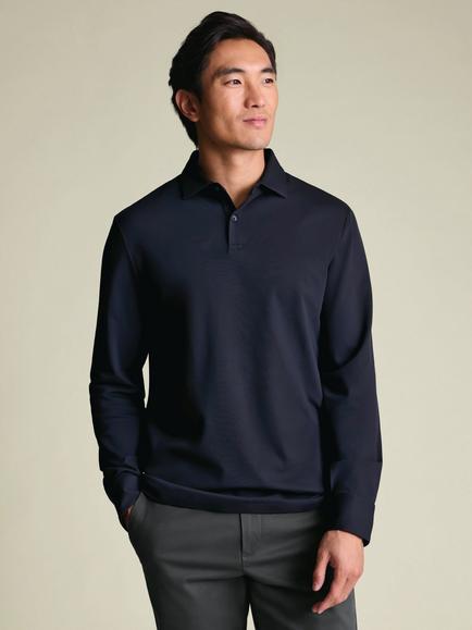 Charles Tyrwhitt Cotton Blend Long Sleeve Piqué Polo Shirt, Navy