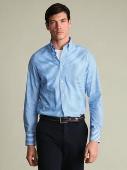 Charles Tyrwhitt Striped Washed Poplin Cotton Shirt, Ocean Blue