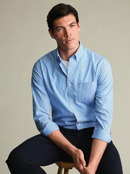 Charles Tyrwhitt Striped Washed Poplin Cotton Shirt - view 2, Ocean Blue