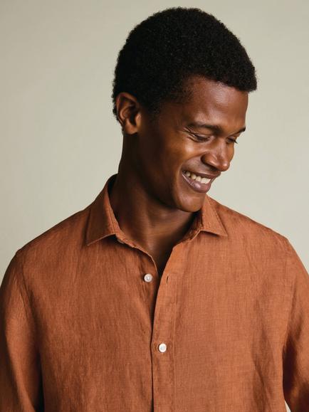 Charles Tyrwhitt Pure Linen Slim Fit Long Sleeve Shirt - view 2, Burnt Orange