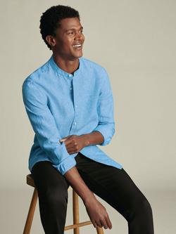 Charles Tyrwhitt Pure Linen Long Sleeve Collarless Shirt, Ocean Blue - view 2, Ocean Blue
