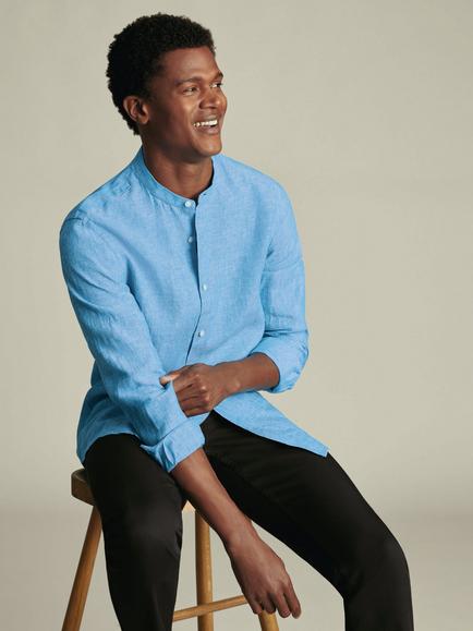 Charles Tyrwhitt Pure Linen Long Sleeve Collarless Shirt, Ocean Blue - view 2, Ocean Blue