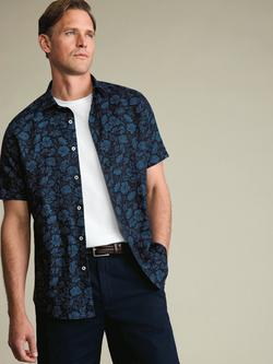 Charles Tyrwhitt Floral Print Linen Rich Slim Fit Short Sleeve Shirt, Navy, Navy