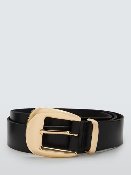 John Lewis Leather Oversized Buckle Belt, Black/Shiny Gold, Black/Shiny Gold