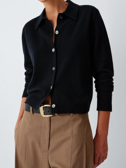 John Lewis Leather Oversized Buckle Belt, Black/Shiny Gold - view 2, Black/Shiny Gold