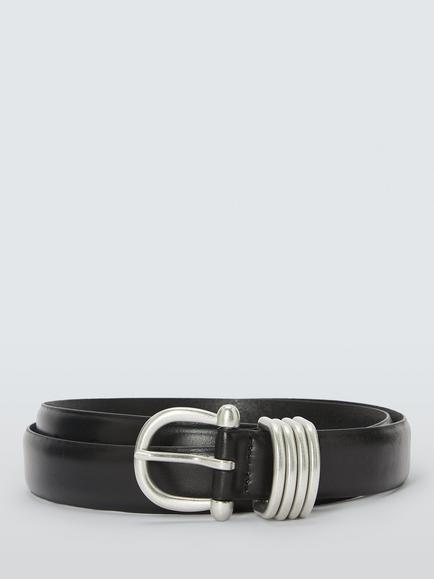 John Lewis Leather Stacked Buckle Belt, Black/Silver, Black/Silver