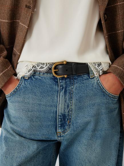 John Lewis Horse Shoe Leather Belt, Black/Gold - view 2, Black/Gold