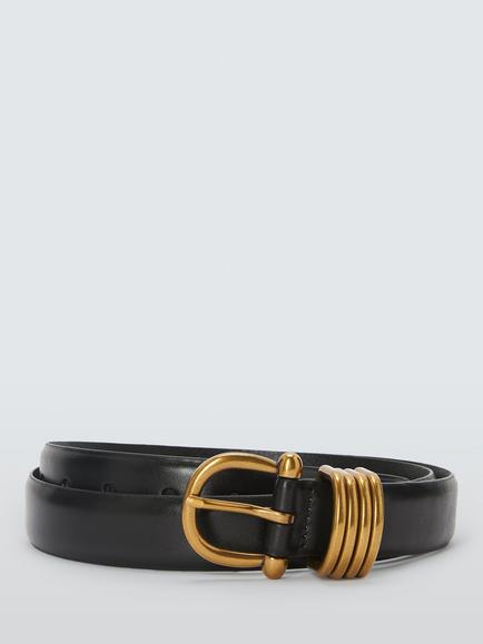 John Lewis Leather Stacked Buckle Belt, Black/Gold, Black/Gold