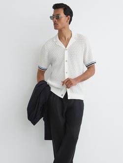 Reiss Bilsby Cotton Blend Geometric Knit Tipped Short Sleeve Shirt, White, White