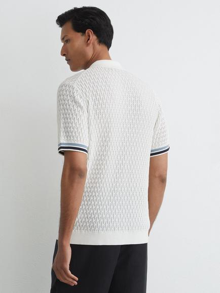 Reiss Bilsby Cotton Blend Geometric Knit Tipped Short Sleeve Shirt, White - view 2, White