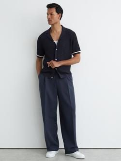 Reiss Bilsby Cotton Blend Geometric Knit Tipped Short Sleeve Shirt, Navy, Navy