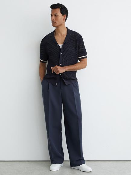 Reiss Bilsby Cotton Blend Geometric Knit Tipped Short Sleeve Shirt, Navy, Navy