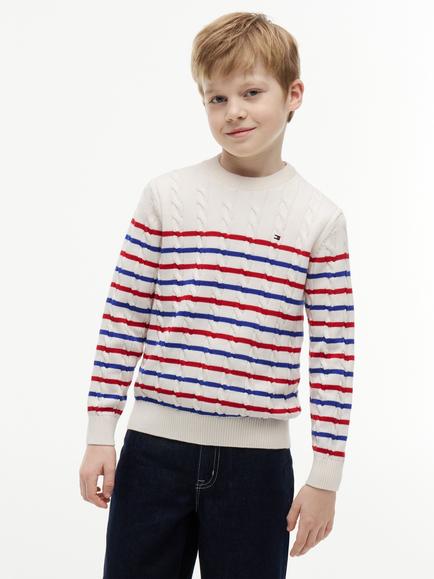 Tommy Hilfiger Kids' Essential Cable Knit Crew Neck Jumper, Multi, Multi
